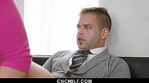 Boss Milf Rides Cowgirl Then Takes Doggystyle to Motivate Her Fat Employee in 4some