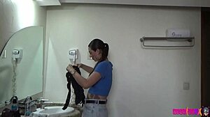 young latina babe casts with old man backstage