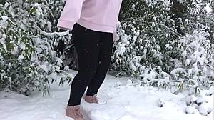 real amateur couple fucks hard outdoors in snow doggystyle bent over