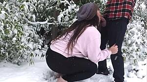 real amateur couple fucks hard outdoors in snow doggystyle bent over