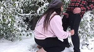 real amateur couple fucks hard outdoors in snow doggystyle bent over