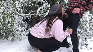 real amateur couple fucks hard outdoors in snow doggystyle bent over
