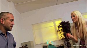 busty blonde milf and skinny friend suck ride and facial in classroom threesome