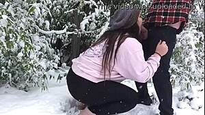 real amateur couple fucks hard outdoors in snow doggystyle bent over