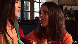 Brunette Lesbian Heals Breakup with Big Tits Tribbing Session