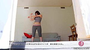 innocent japanese babe in tight clothes stretches big ass tits for peeping guy