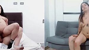 natallia and lily's bedroom clash leaves small tits dripping wet
