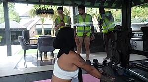 arab gym slave chokes on cocks in rough gangbang double penetration creampie humiliation