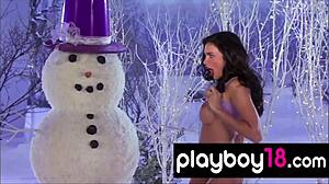 hot big boobed latina sasckya porto strips naked on snowy bench