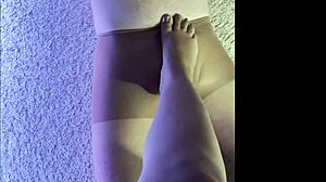 Making my husband wear soaked pantyhose while i stroke footjob pleasure