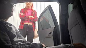 redhead punk flashes risky street bus stop handjob tease