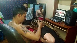 husband urges wife to sit and feel his friend's cock bareback