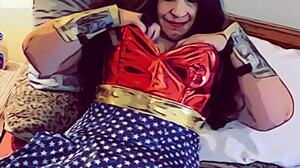 Granny in corset fishnets blows superhero cock in modern justice league roleplay