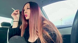 italian milf artemisia smokes cigs flashing big tits nipples car