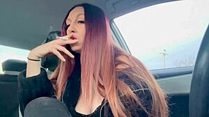 Italian Artemisia Love smokes hot in car solo fetish