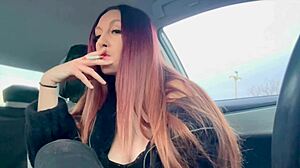 italian milf artemisia smokes cigs flashing big tits nipples car