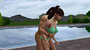 muscle babe takes monster cocks poolside pounding