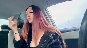 italian milf artemisia smokes cigs flashing big tits nipples car