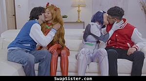 Cosplay cuties Mina and Harley lure nerdy stepbros into wild cowgirl orgy ride