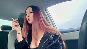 Italian Artemisia Love smokes hot in car solo fetish