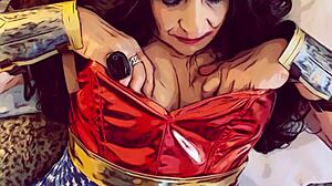 Granny in corset fishnets blows superhero cock in modern justice league roleplay