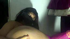 Ebony beauty spreads juicy pussy wide masturbating close up!