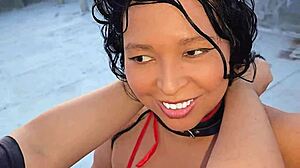 Submissive latina milf dominated on rooftop with facial blowjob