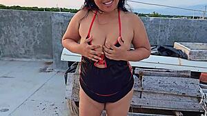 Submissive latina milf dominated on rooftop with facial blowjob