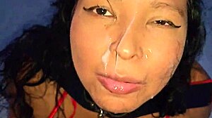 Submissive latina milf dominated on rooftop with facial blowjob