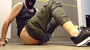 guy wanks hard in fresh sneakers closeup