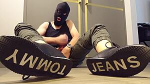 guy wanks hard in fresh sneakers closeup
