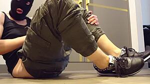 guy wanks hard in fresh sneakers closeup