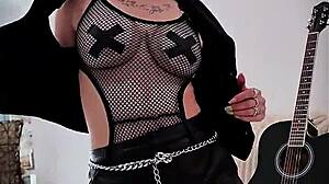 sandra luberc's tattooed russian blonde emo strips fishnets teasing big fake tits