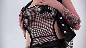 sandra luberc's tattooed russian blonde emo strips fishnets teasing big fake tits