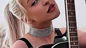 sandra luberc's tattooed russian blonde emo strips fishnets teasing big fake tits
