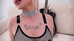 sandra luberc's tattooed russian blonde emo strips fishnets teasing big fake tits