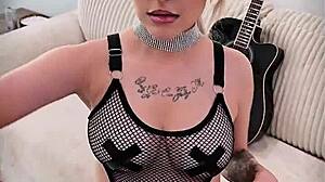 sandra luberc's tattooed russian blonde emo strips fishnets teasing big fake tits