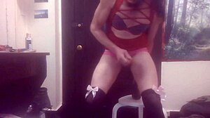 tranny bounces on huge black dildo till cum
