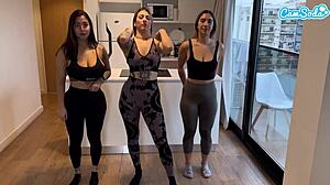 four latina fitness girls first time lesbian dildo fingering muff diving orgasms workout