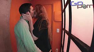 Corny boyfriend showers while neighbor pounds redhead's wet pussy