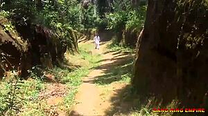 Indian college girlfriend rides lover's cock outdoor in bush