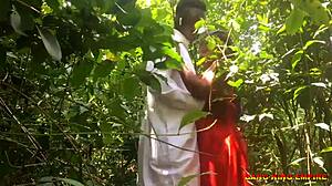 Indian college girlfriend rides lover's cock outdoor in bush