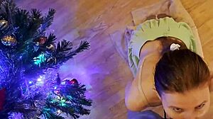 Skinny Tanned Brunette Gives Holiday Christmas Tree Blowjob