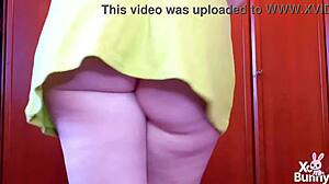 short green dress upskirt reveals wet pussy while walking and farting