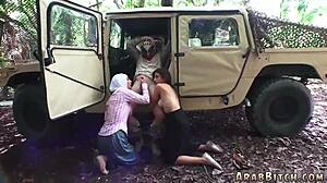 Sexy teen strips uniform for army threesome fuck?