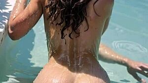 blonde cougar in leather boots teases big tits poolside before outdoor fuck