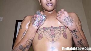 Tatted sexy raven gulps down suga slim's monster bbc