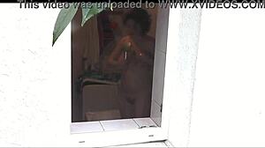 hey neighbor, watch my sexy milf wife shower nude outdoors and stroke