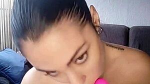 brunette with huge tits moans riding blowjob dildo to wet orgasm