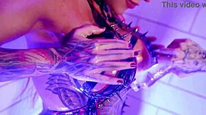 Oiled goth lesbians dive into wet pussies and strap-on pounding in shower!